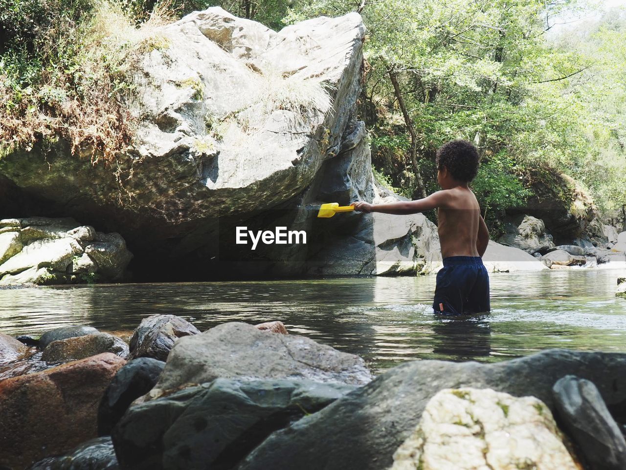 Shirtless boy standing in lake at forest