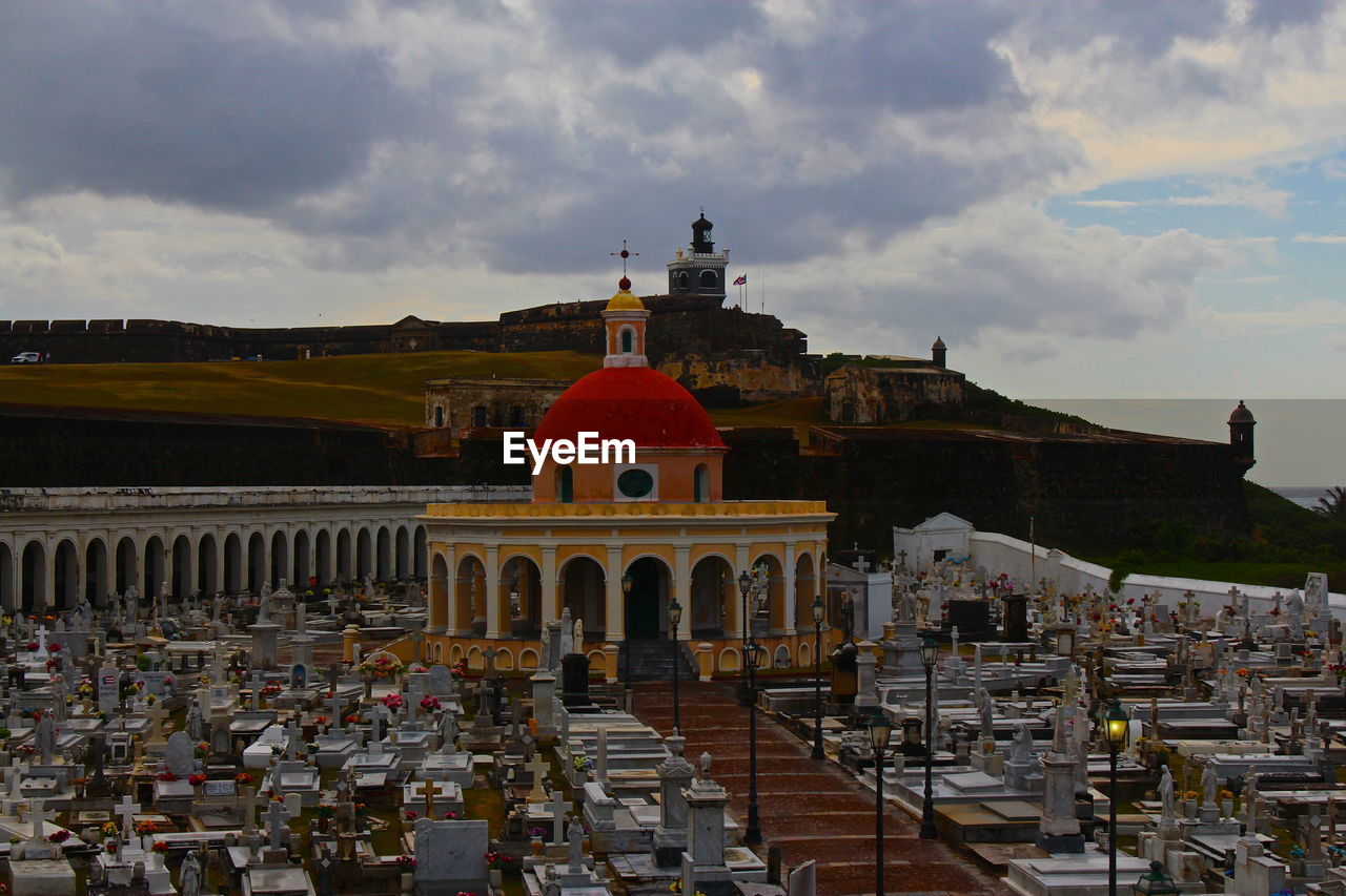 El morro castle and san juan cemetery against cloudy sky