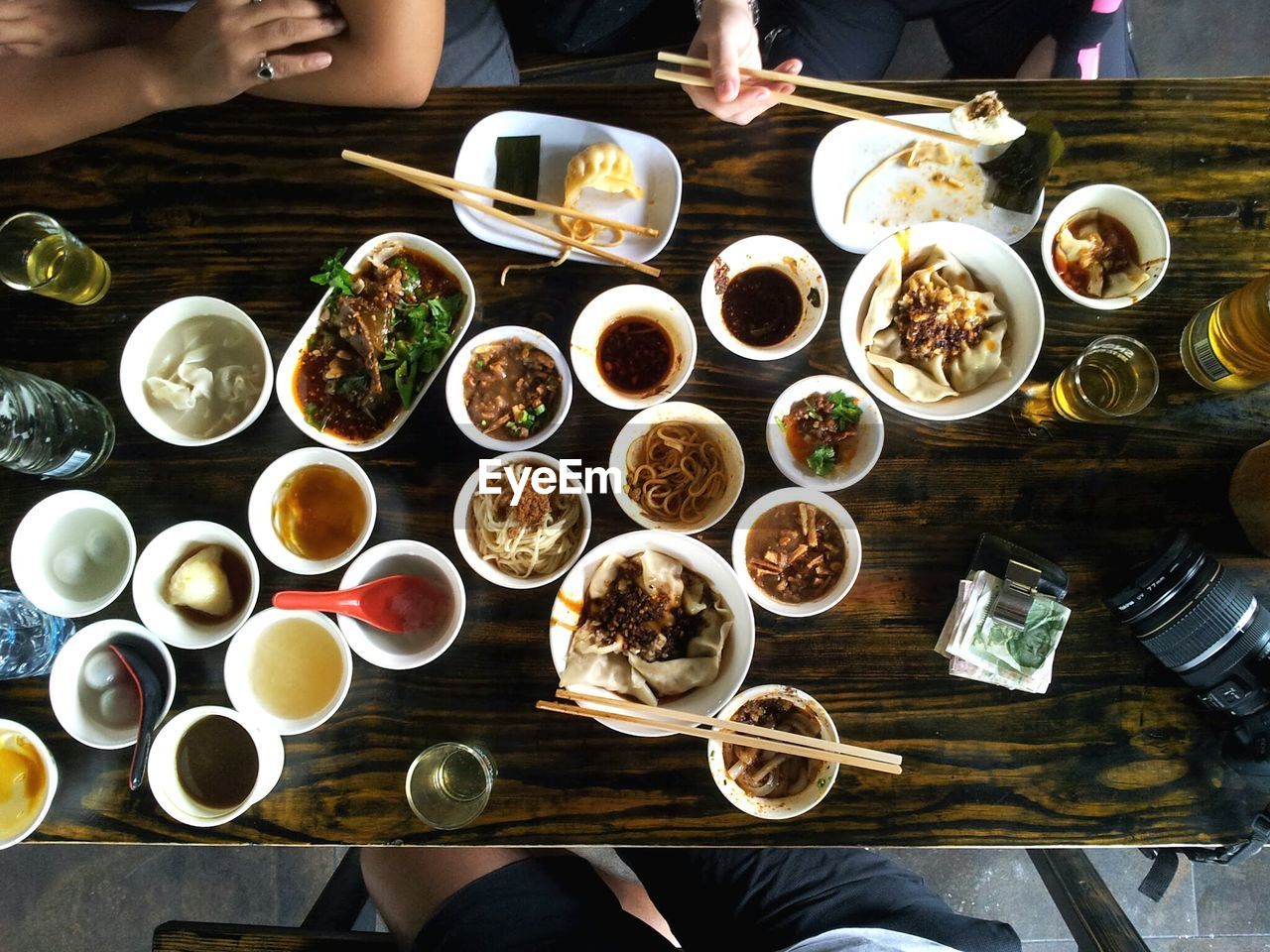 Directly above shot of people eating food at table