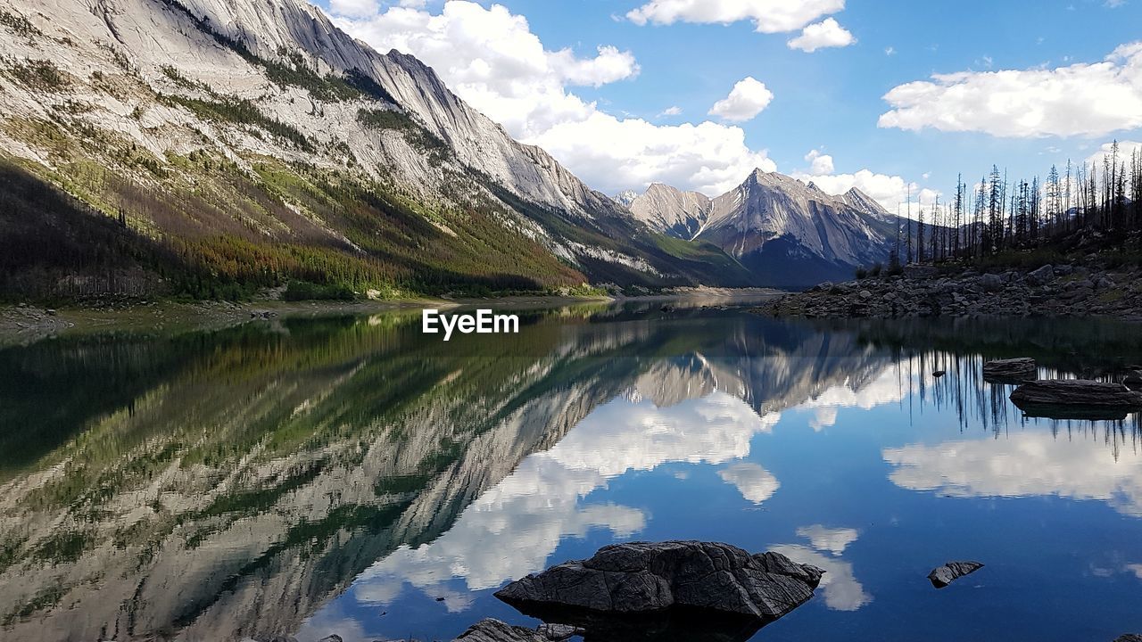 Panoramic view of lake and mountains against sky