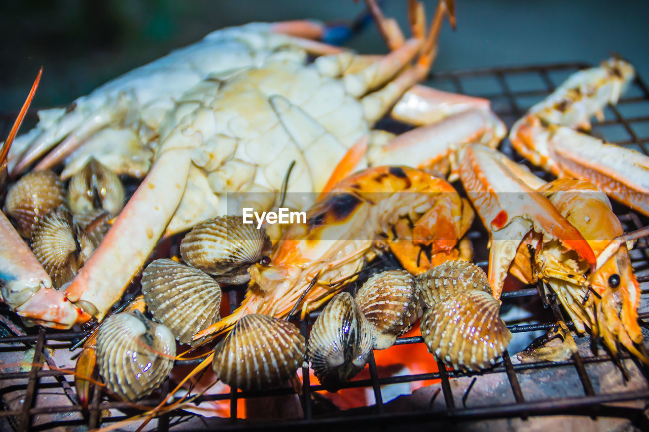 HIGH ANGLE VIEW OF FISH ON GRILL
