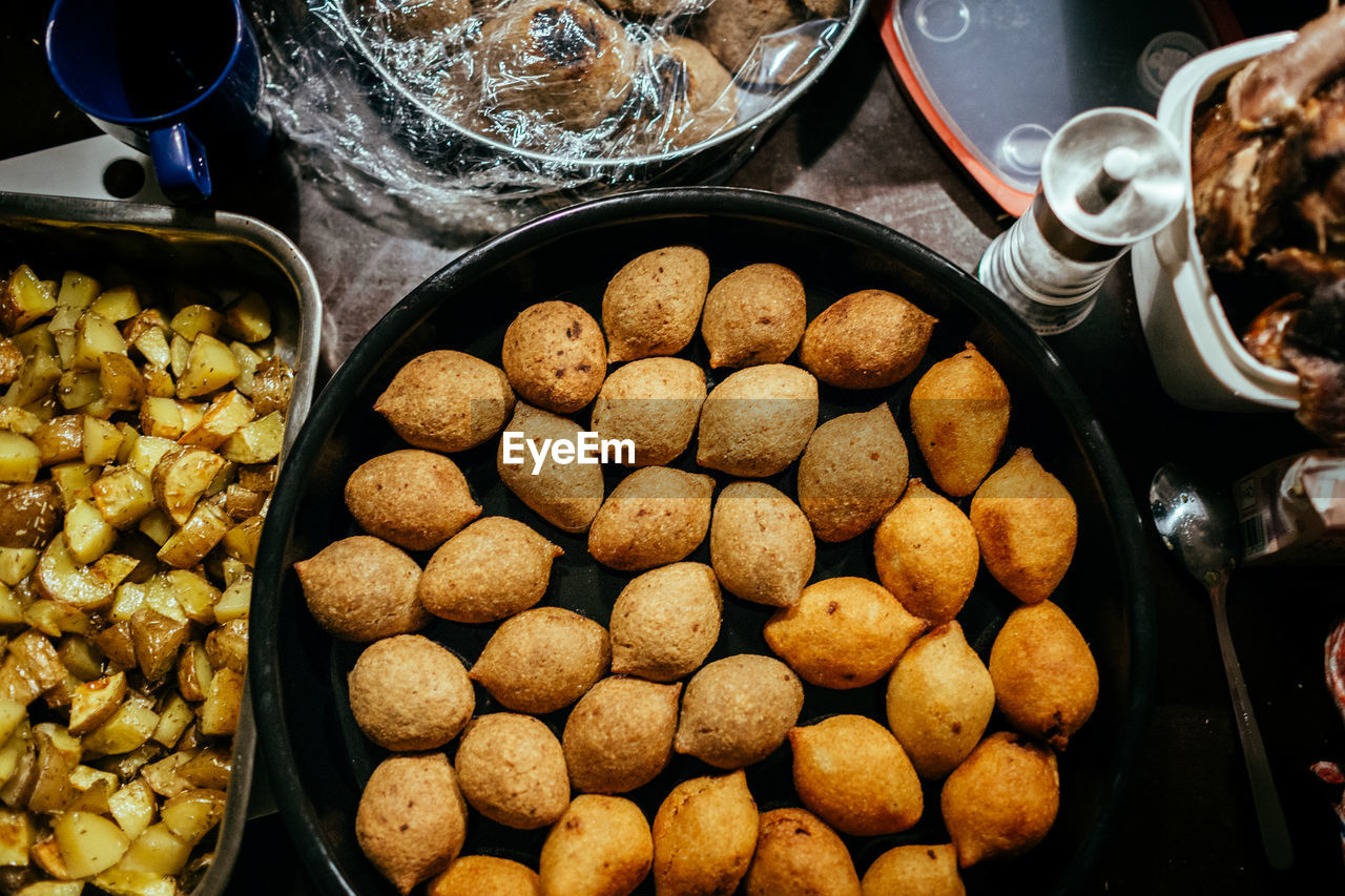 High angle view of food in containers on table