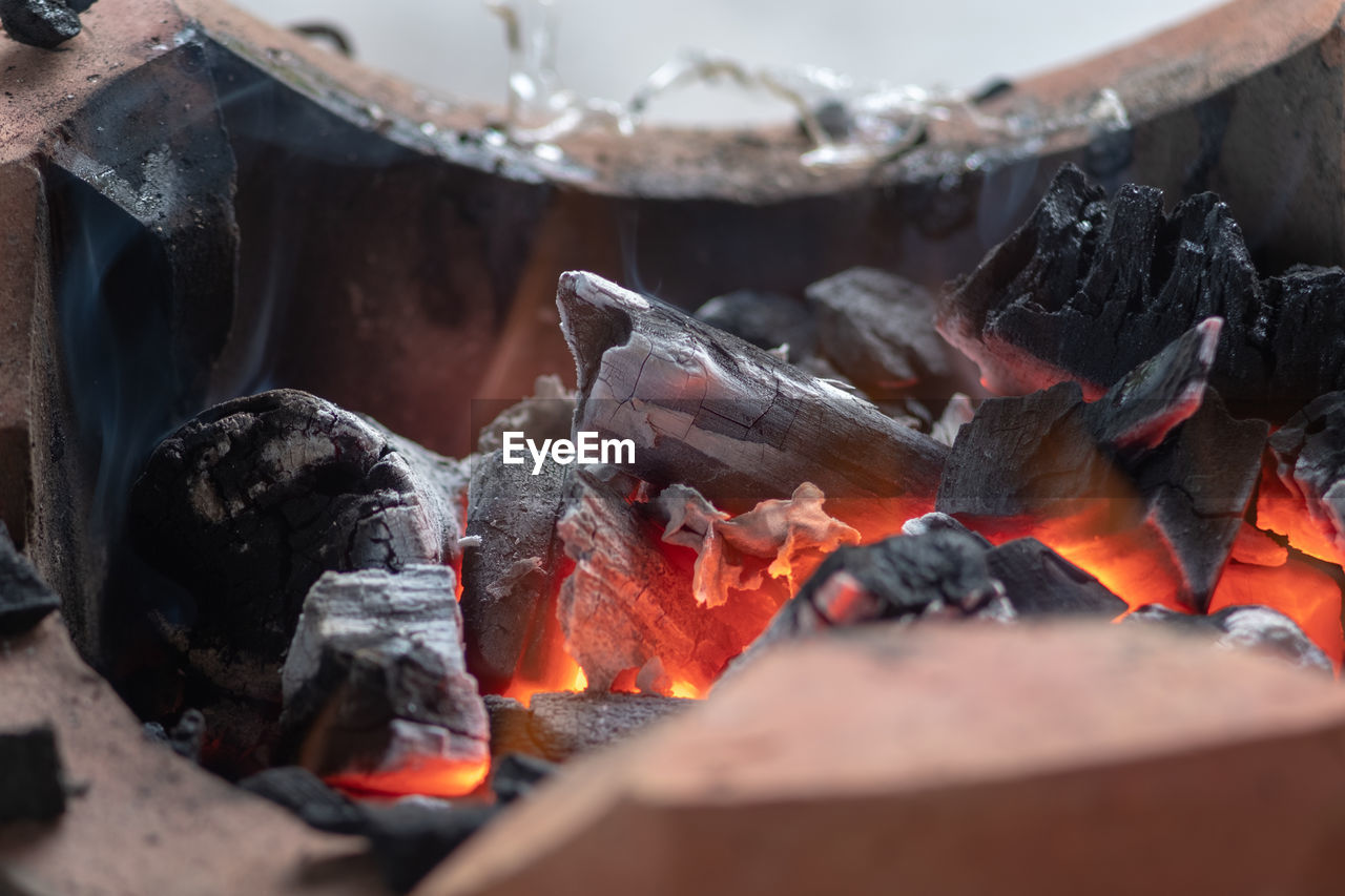 Close-up of bonfire on wooden log