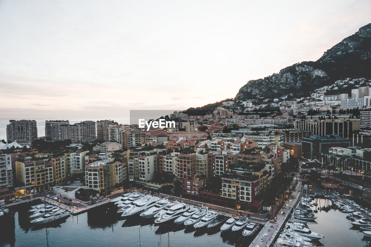 High angle view of buildings in city during winter