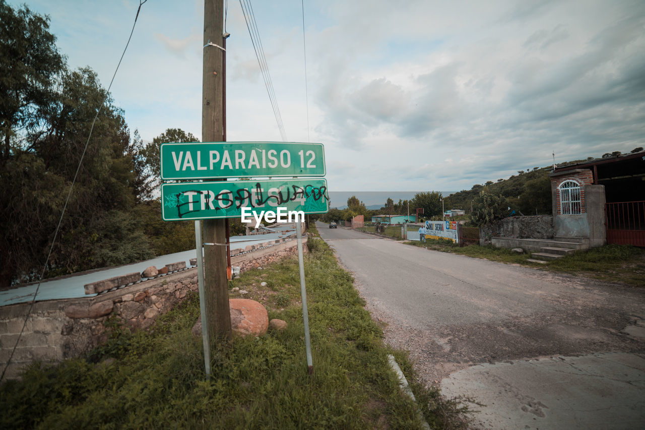 ROAD SIGNS BY CITY AGAINST SKY