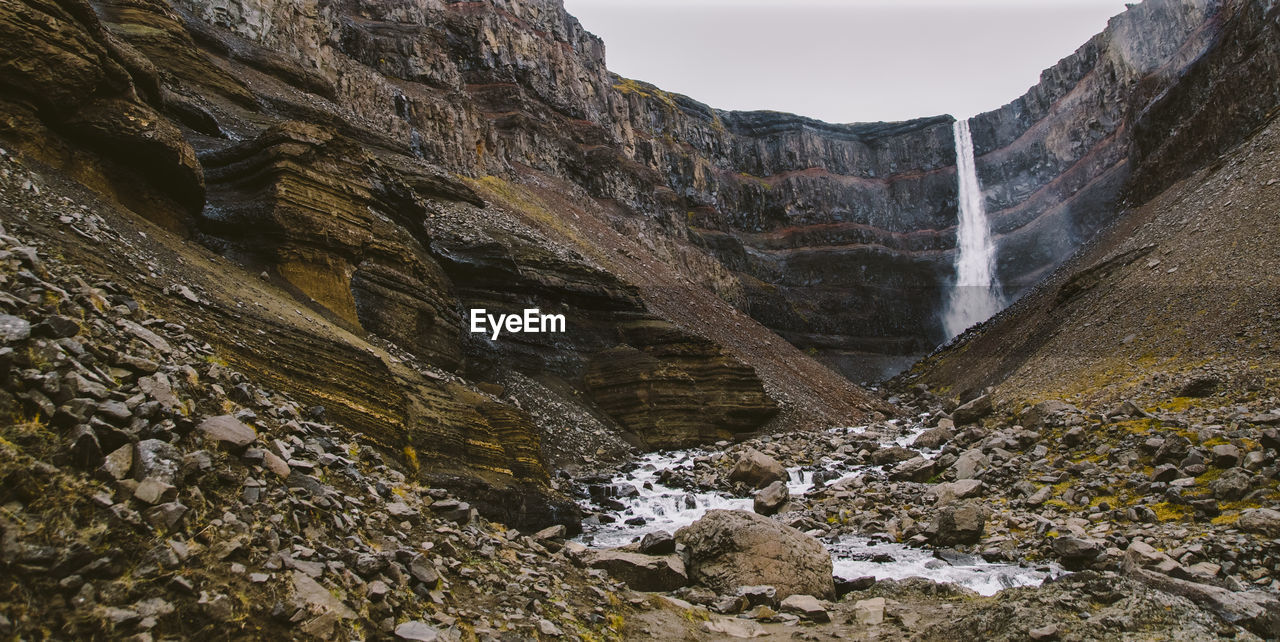 VIEW OF WATERFALL IN MOUNTAINS