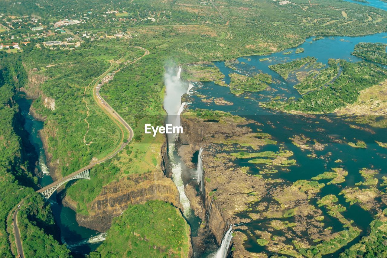 Aerial view of victoria falls in zambezi river,