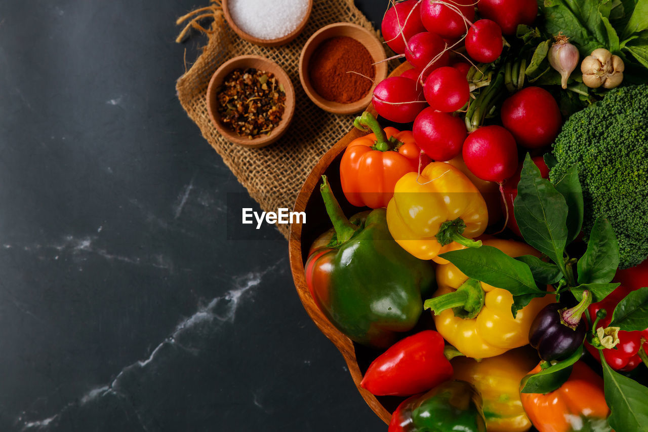 directly above shot of vegetables in bowl on table