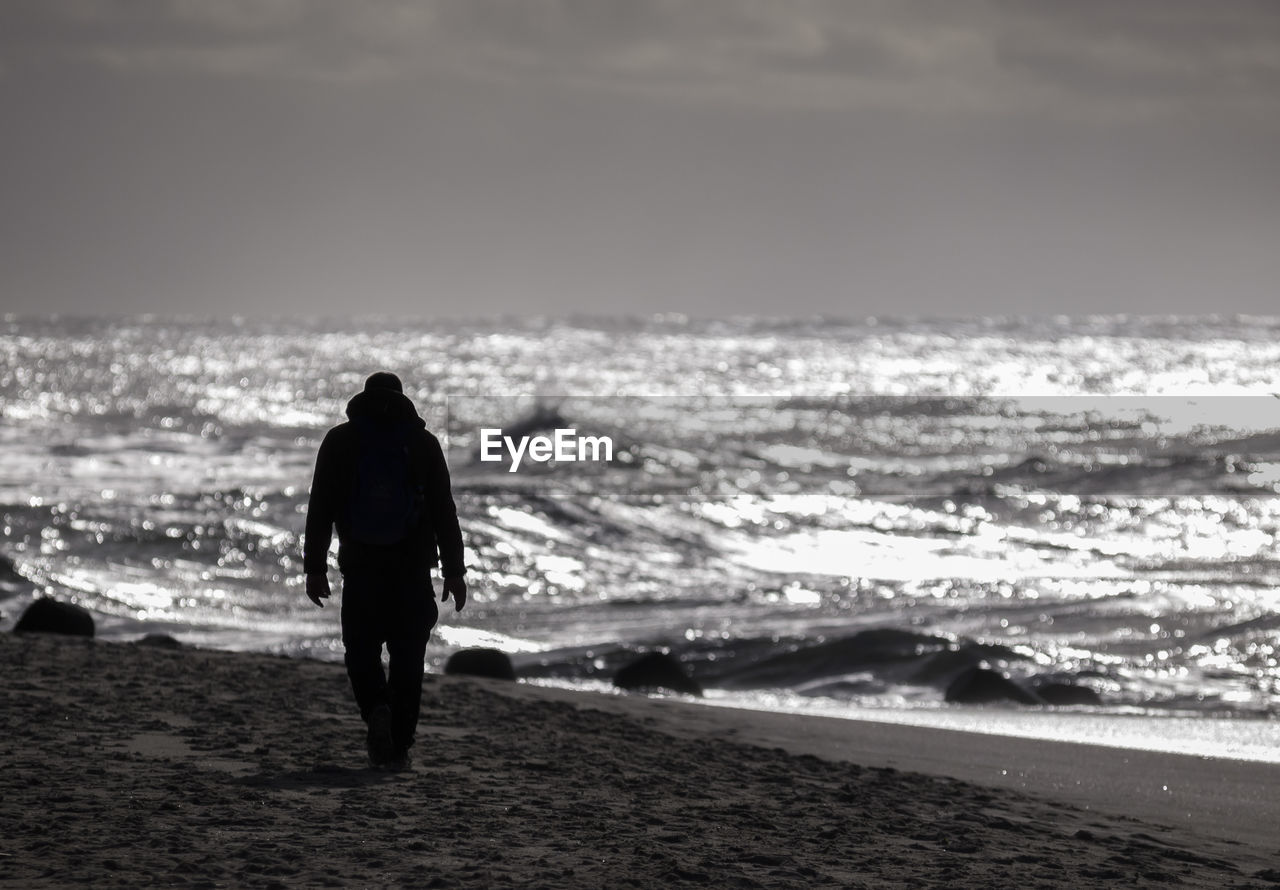 Rear view of man on beach against sky