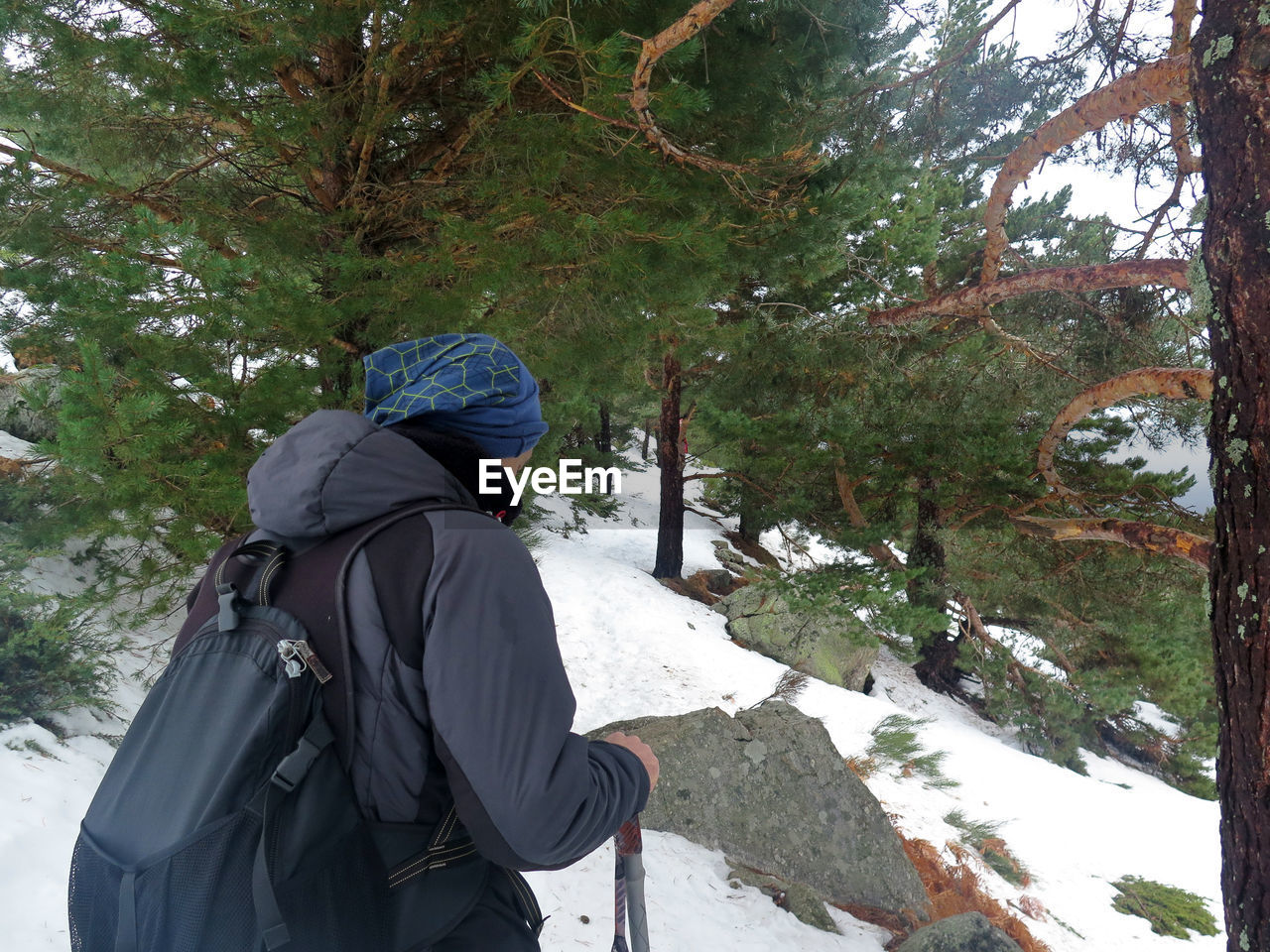 MAN STANDING ON SNOW COVERED TREES