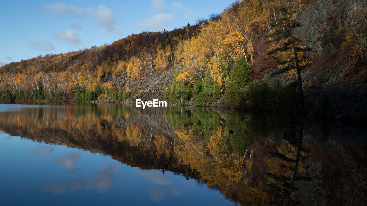 Reflection of trees in lake against sky