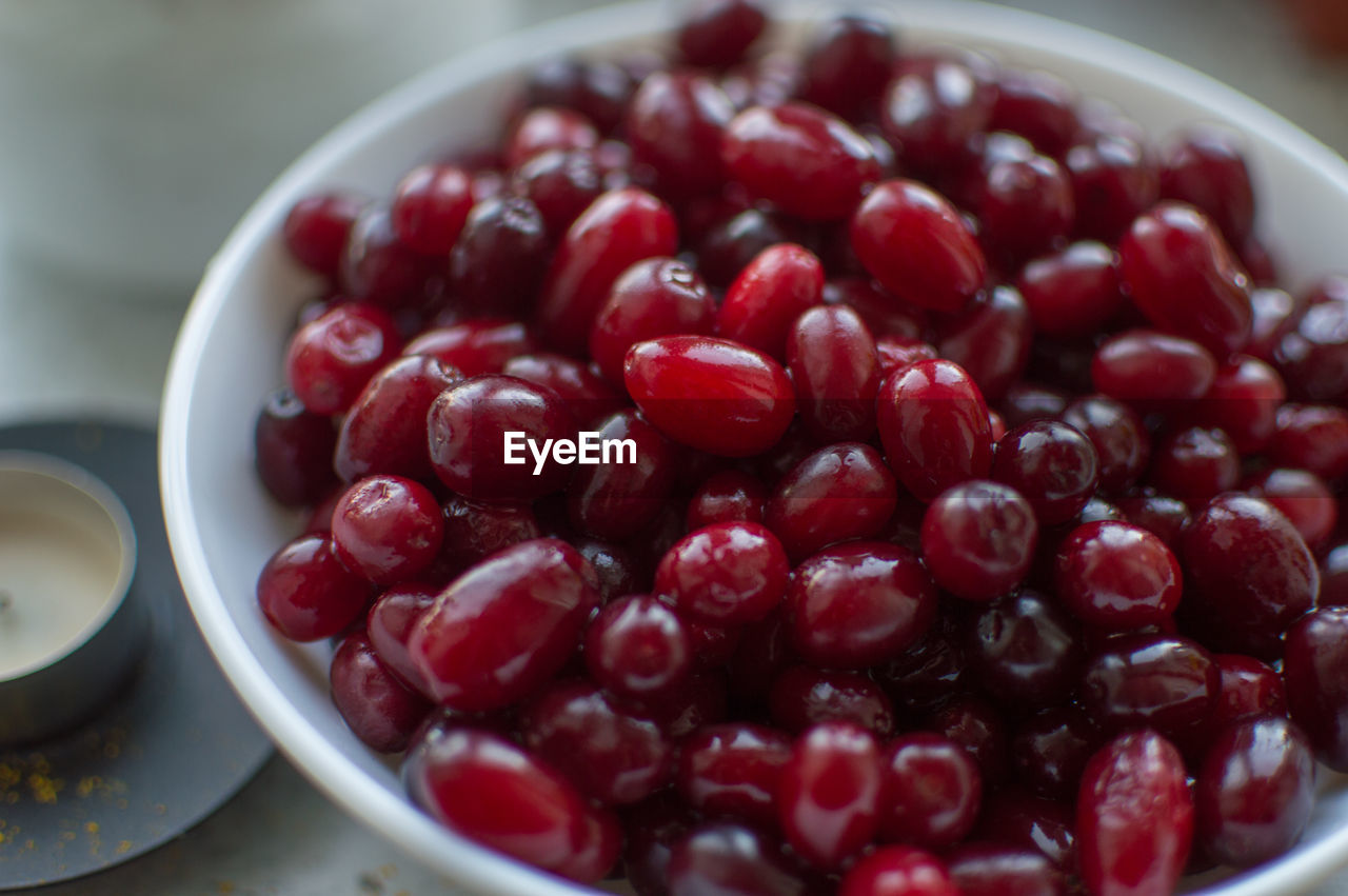 HIGH ANGLE VIEW OF CHERRIES IN BOWL