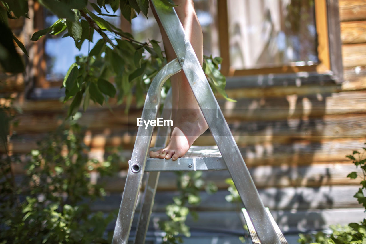 Low section of girl standing on ladder at yard