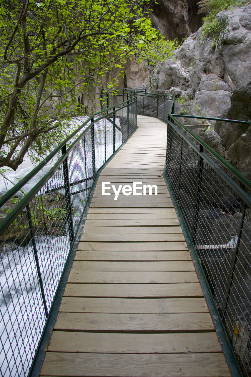 Footbridge in forest during winter