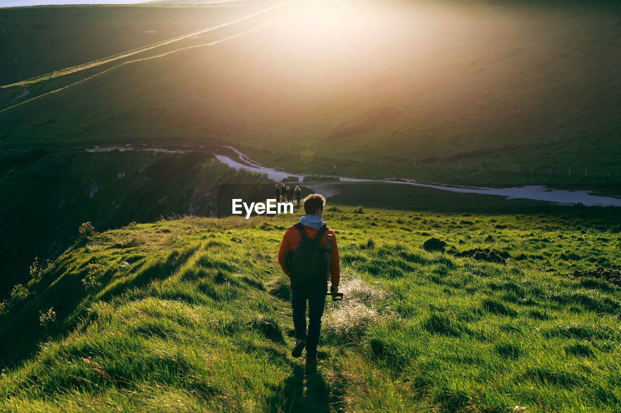 Rear view of man walking on mountain