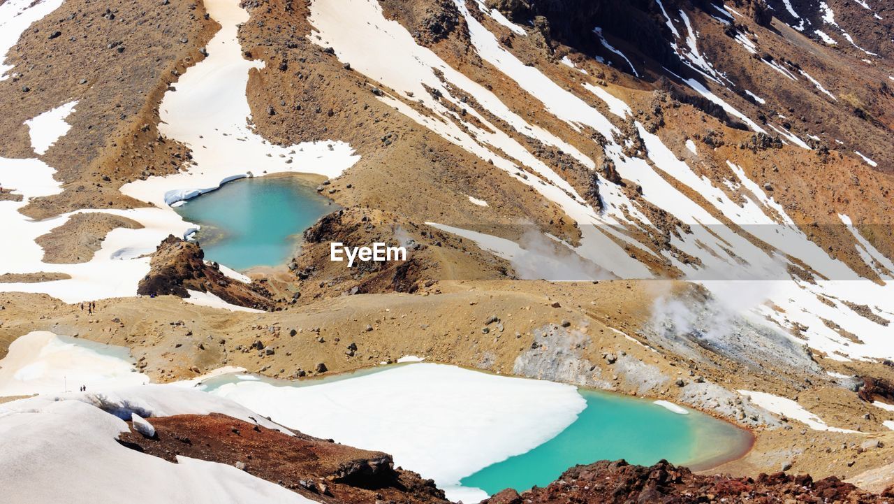 High angle view of snowcapped mountain by lake