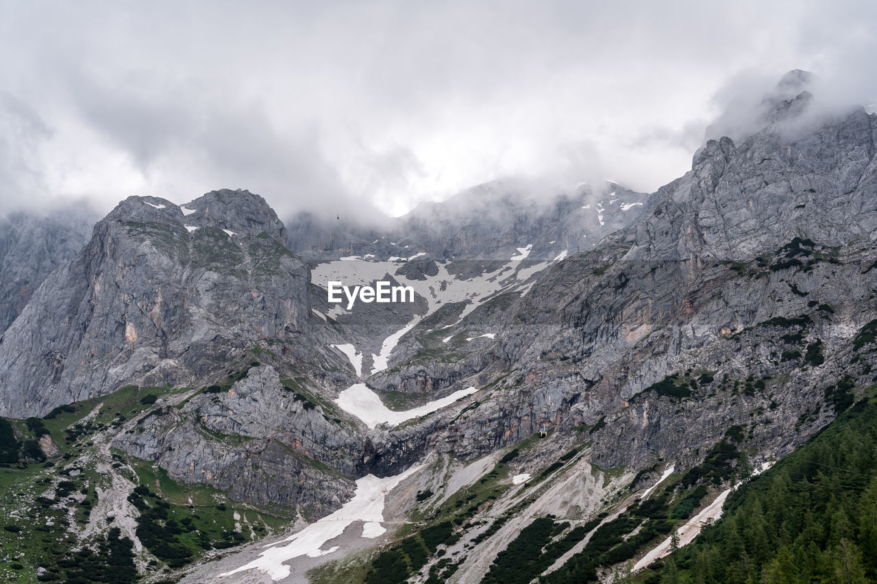 AERIAL VIEW OF SNOW COVERED MOUNTAINS AGAINST SKY