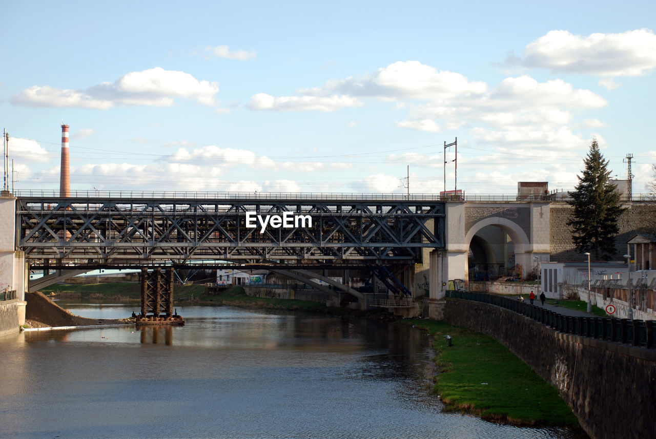 Bridge over river against sky in city