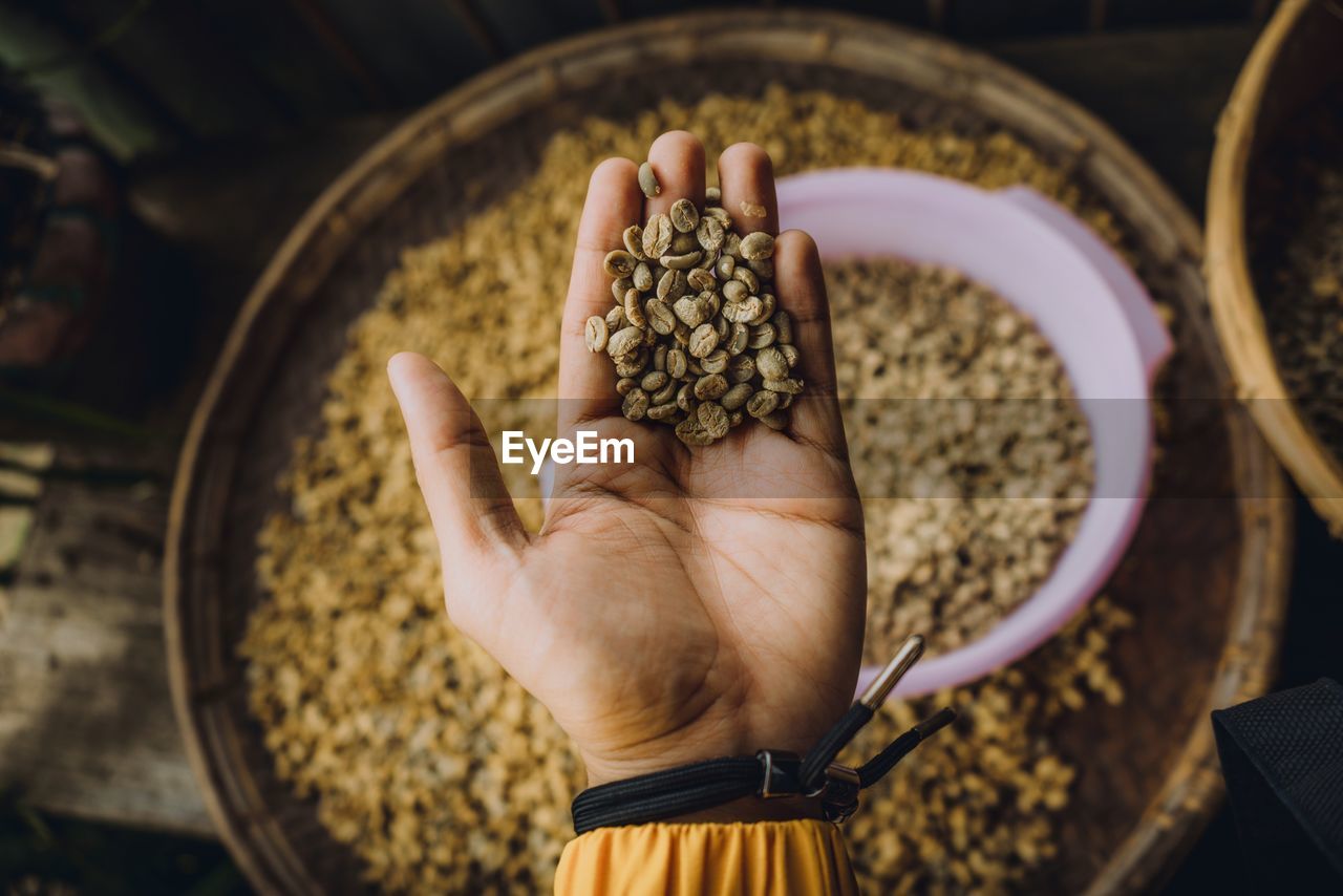 Cropped hand holding coffee beans