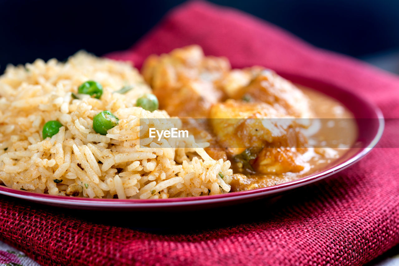 Close-up of rice with curry in plate on maroon fabric