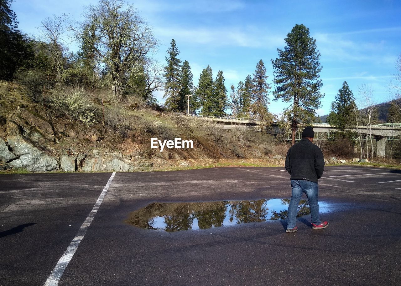 Rear view of man walking on empty parking lot by puddle reflecting trees