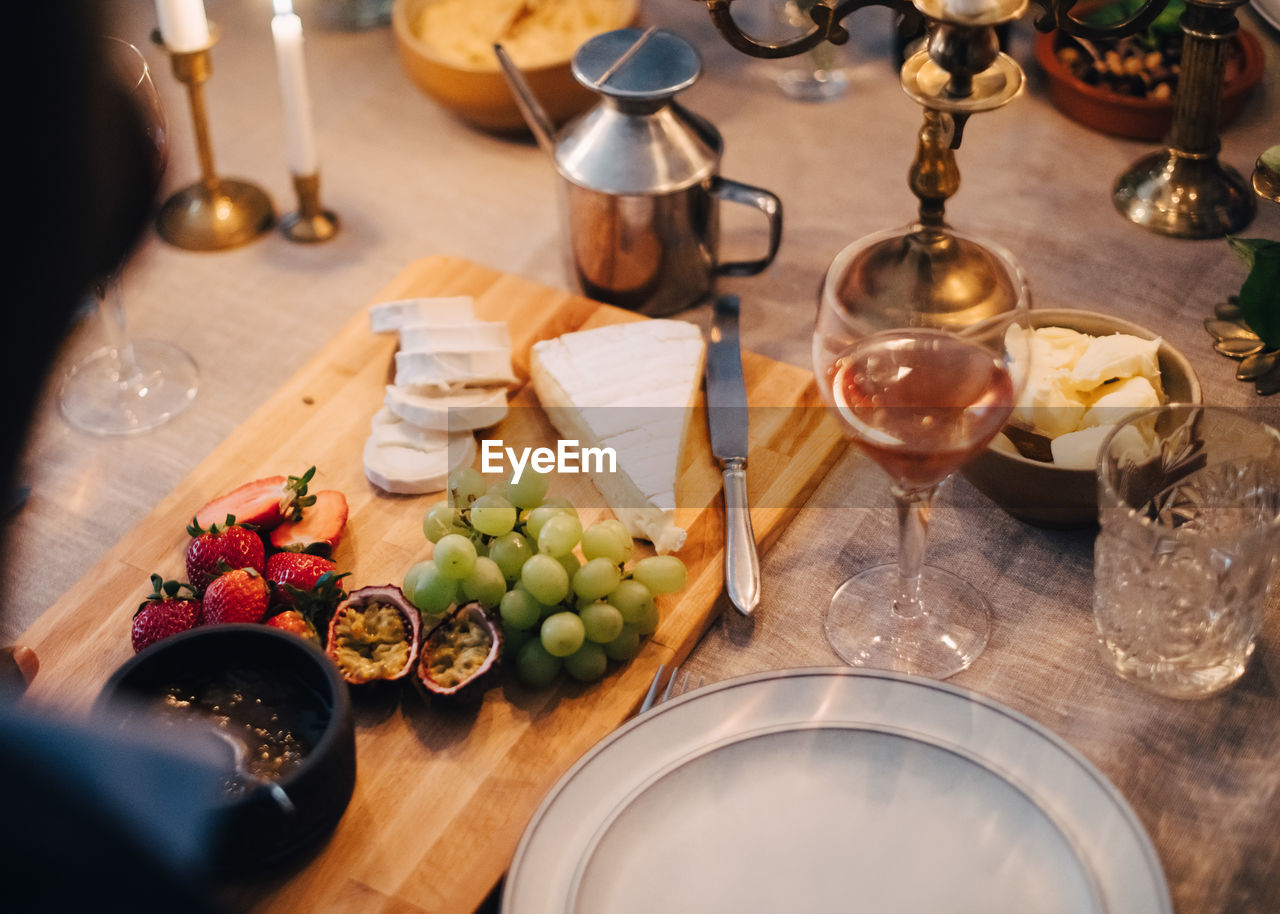 High angle view of food and drink on table at home