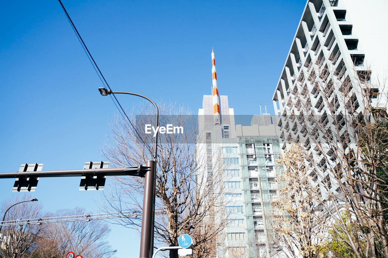 architecture, built structure, building exterior, sky, city, building, skyscraper, nature, clear sky, office building exterior, landmark, tower, urban area, blue, day, no people, tower block, downtown, low angle view, cityscape, skyline, travel destinations, tree, outdoors, street, sunny, travel, plant, residential district, city life, office