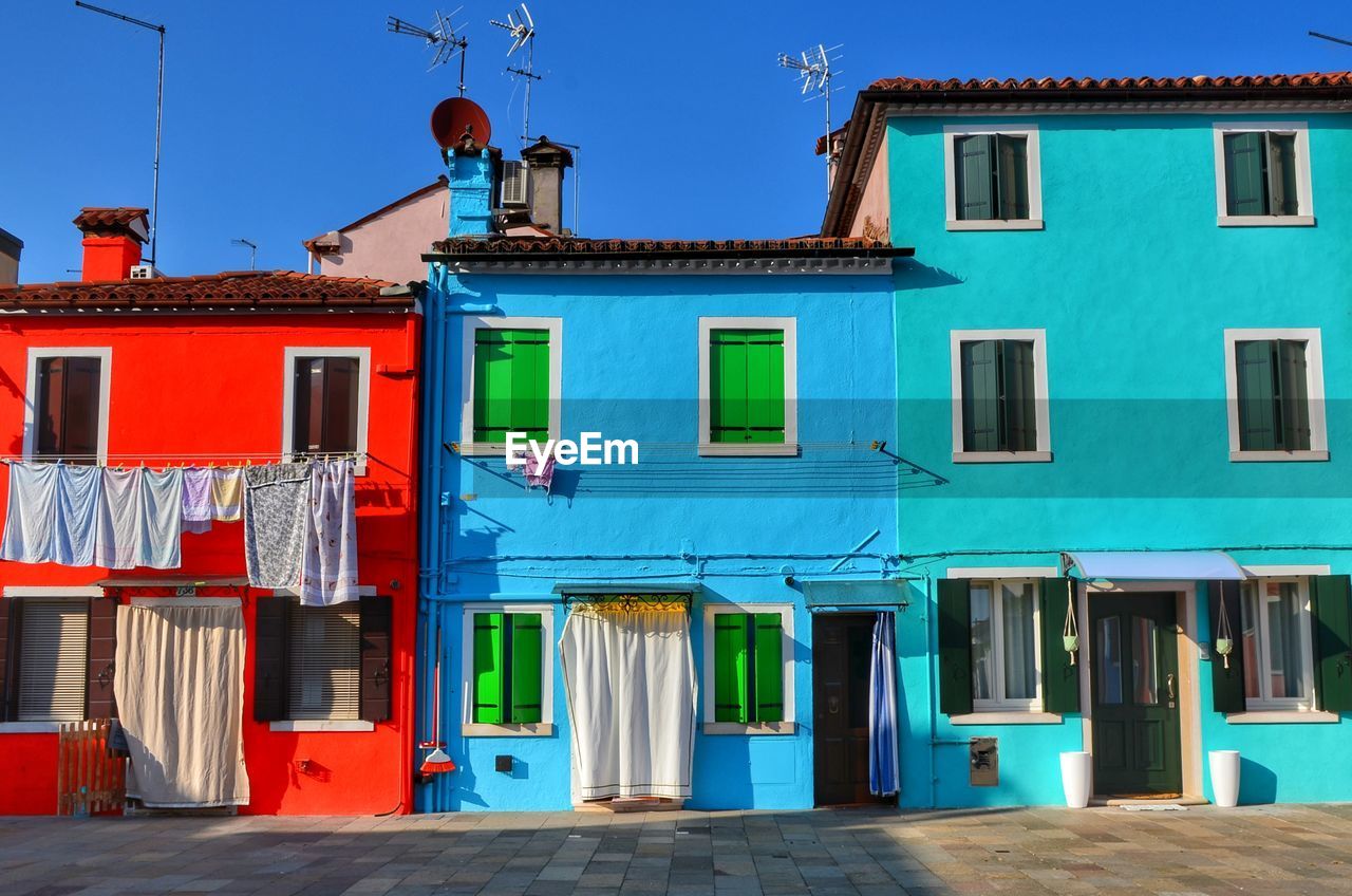 Exterior of colorful buildings in city