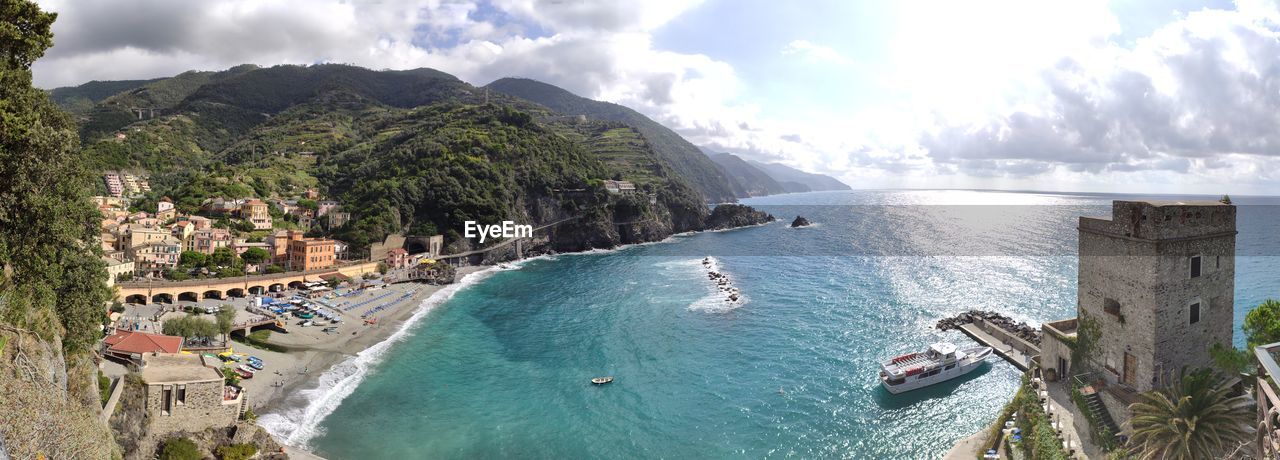 PANORAMIC SHOT OF SEA AND MOUNTAINS AGAINST SKY