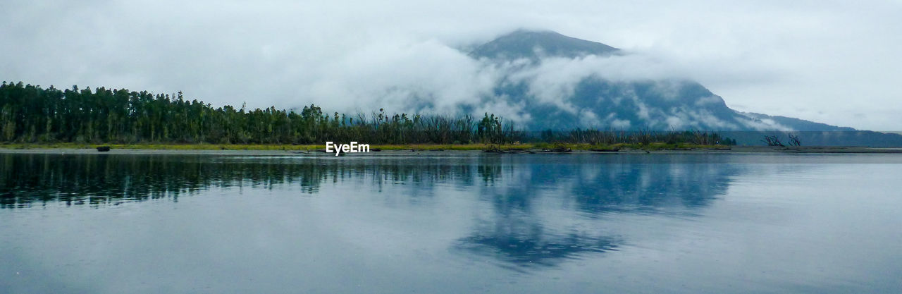 Scenic view of lake against cloudy sky