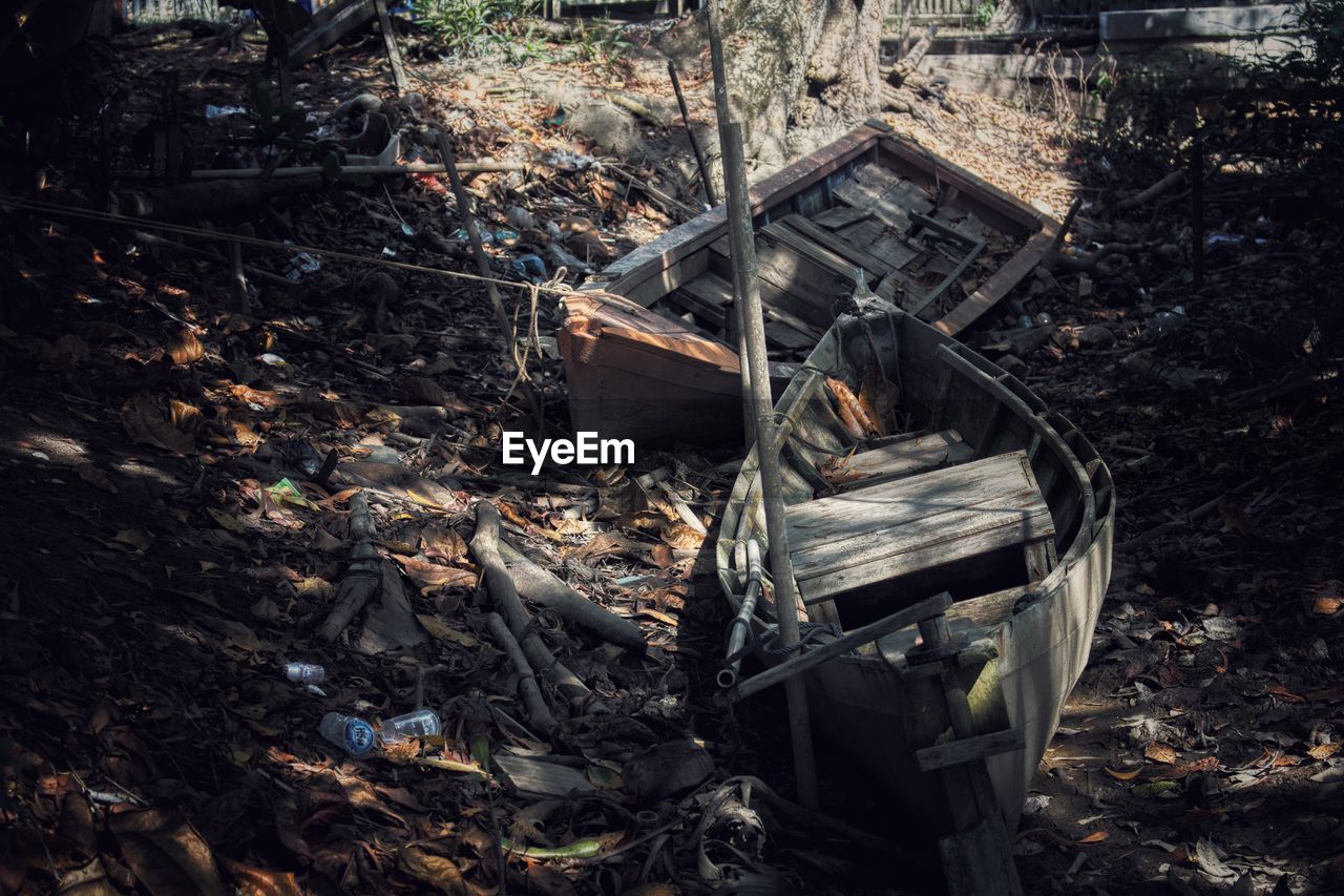 HIGH ANGLE VIEW OF GARBAGE ON FIELD