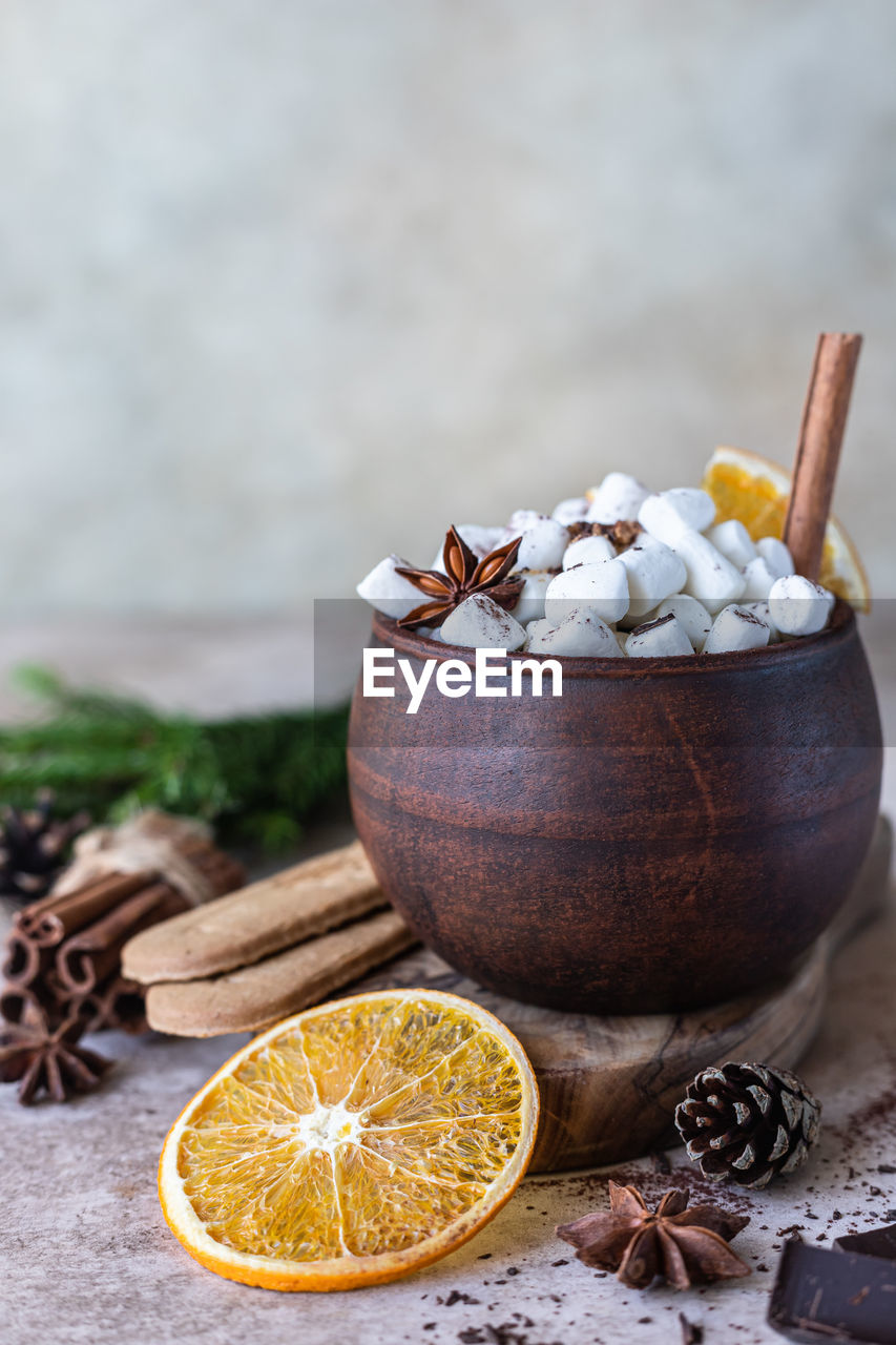 Aromatic cocoa drink or hot chocolate with spices, marshmallow, dry oranges and chocolate. 