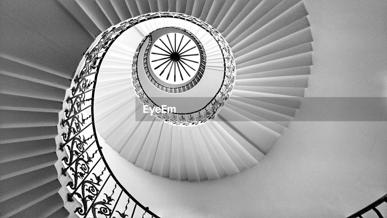 Directly below shot of spiral staircases