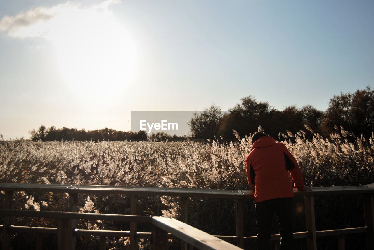 Rear view of man standing by railing against sky and field