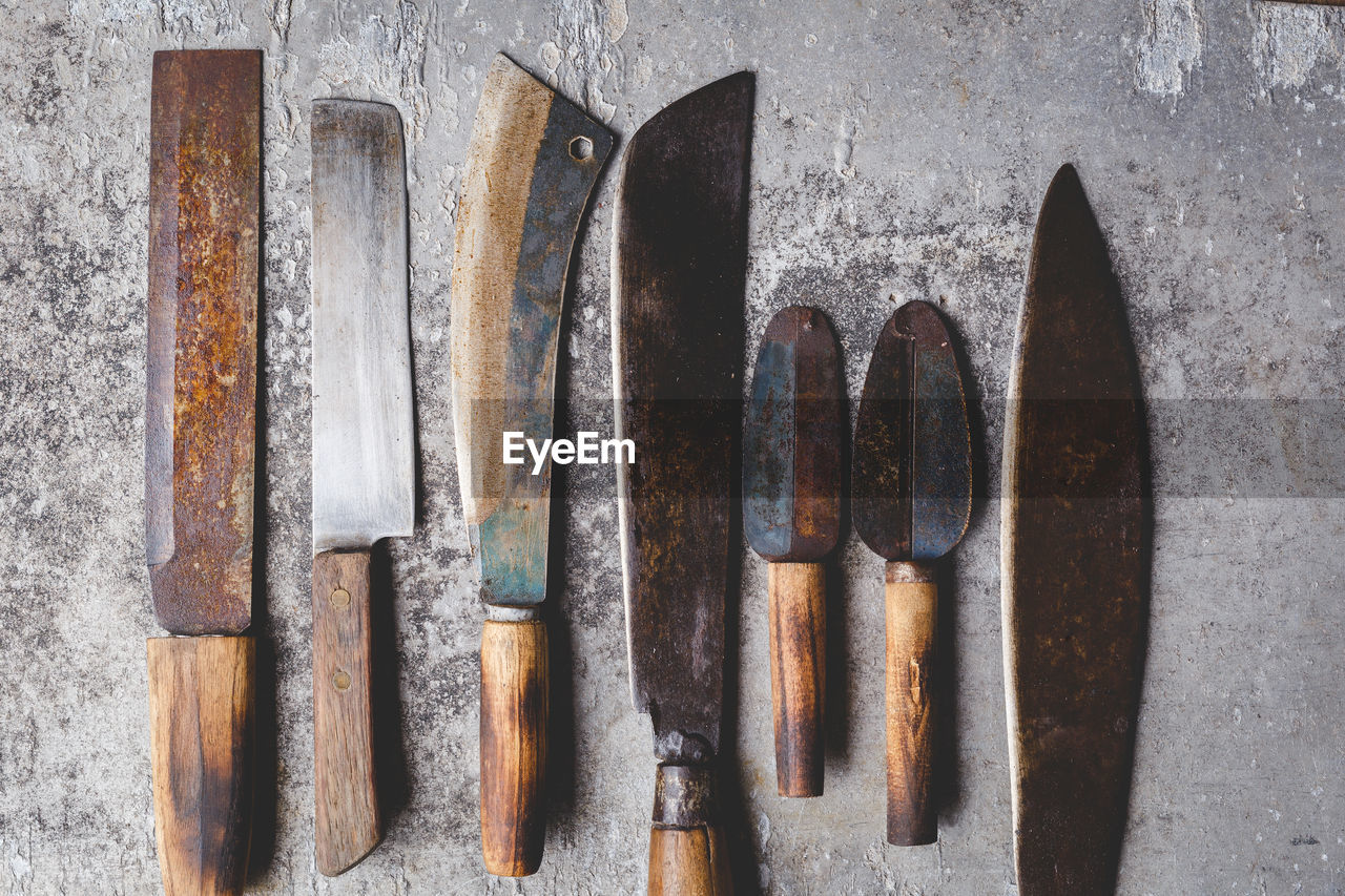 Directly above shot of chisels on table