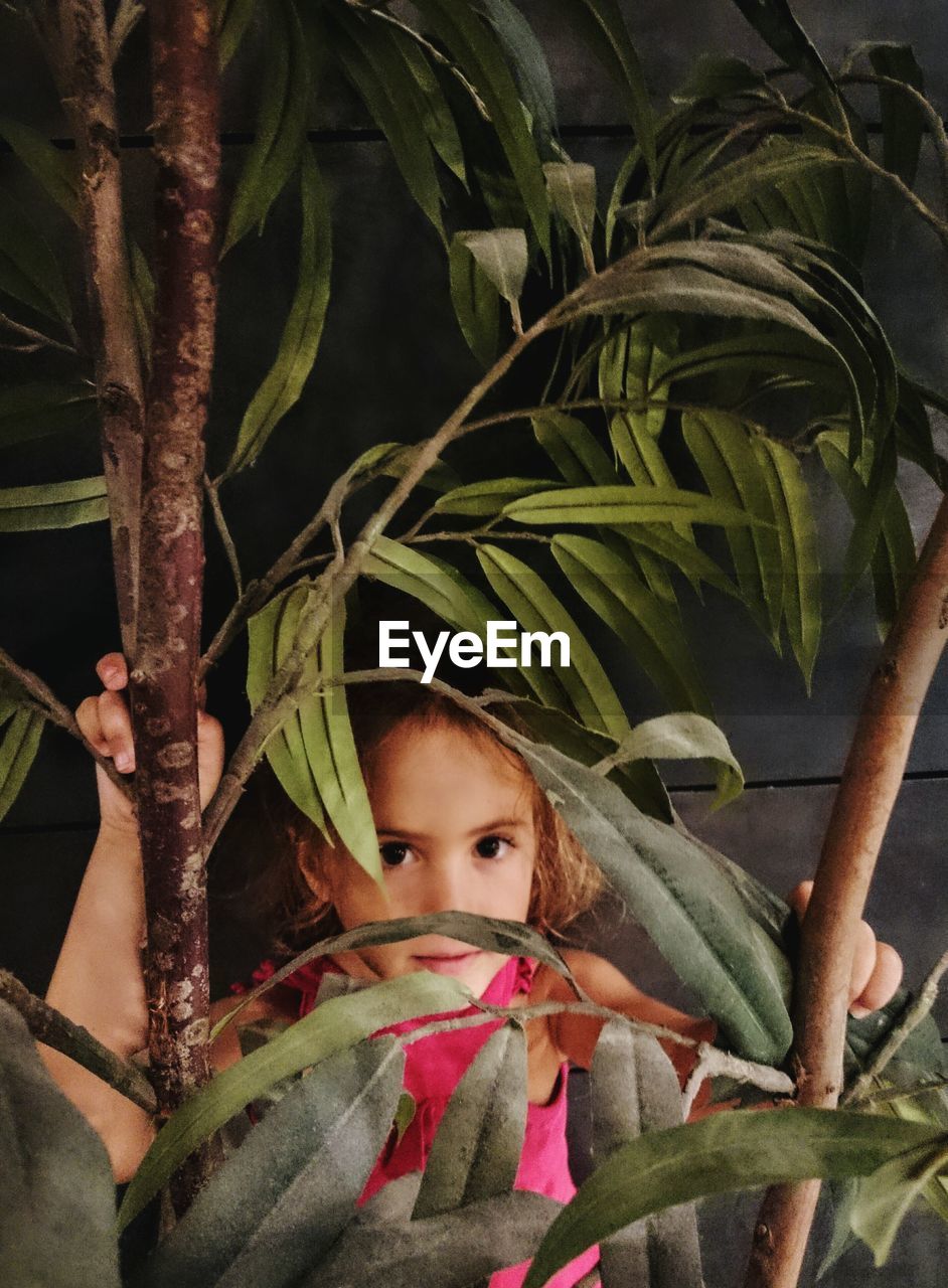 High angle portrait view of girl against potted plant