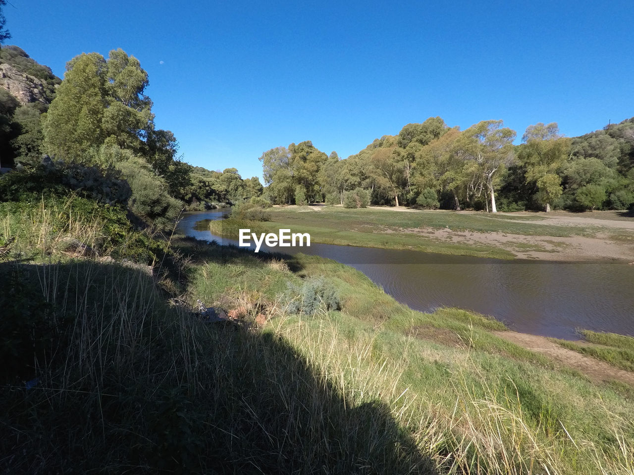 Scenic view of landscape against clear blue sky