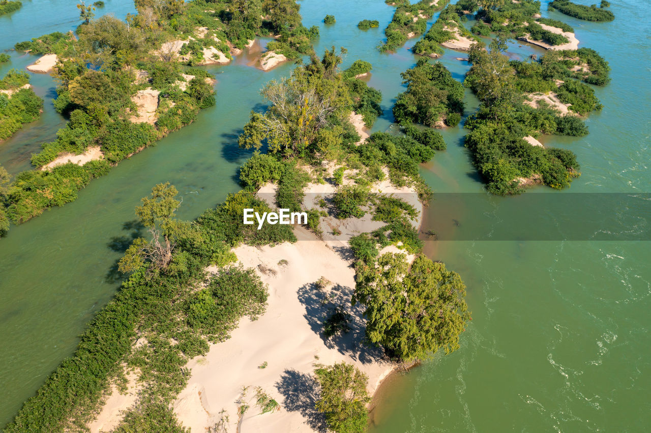 Aerial views of the mekong river with many sand bars and islands, cambodia
