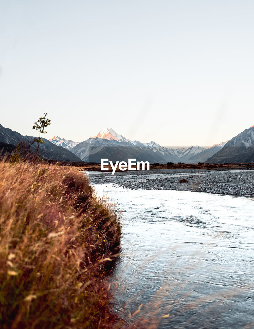 Scenic view of lake against snowcapped mountains and sky