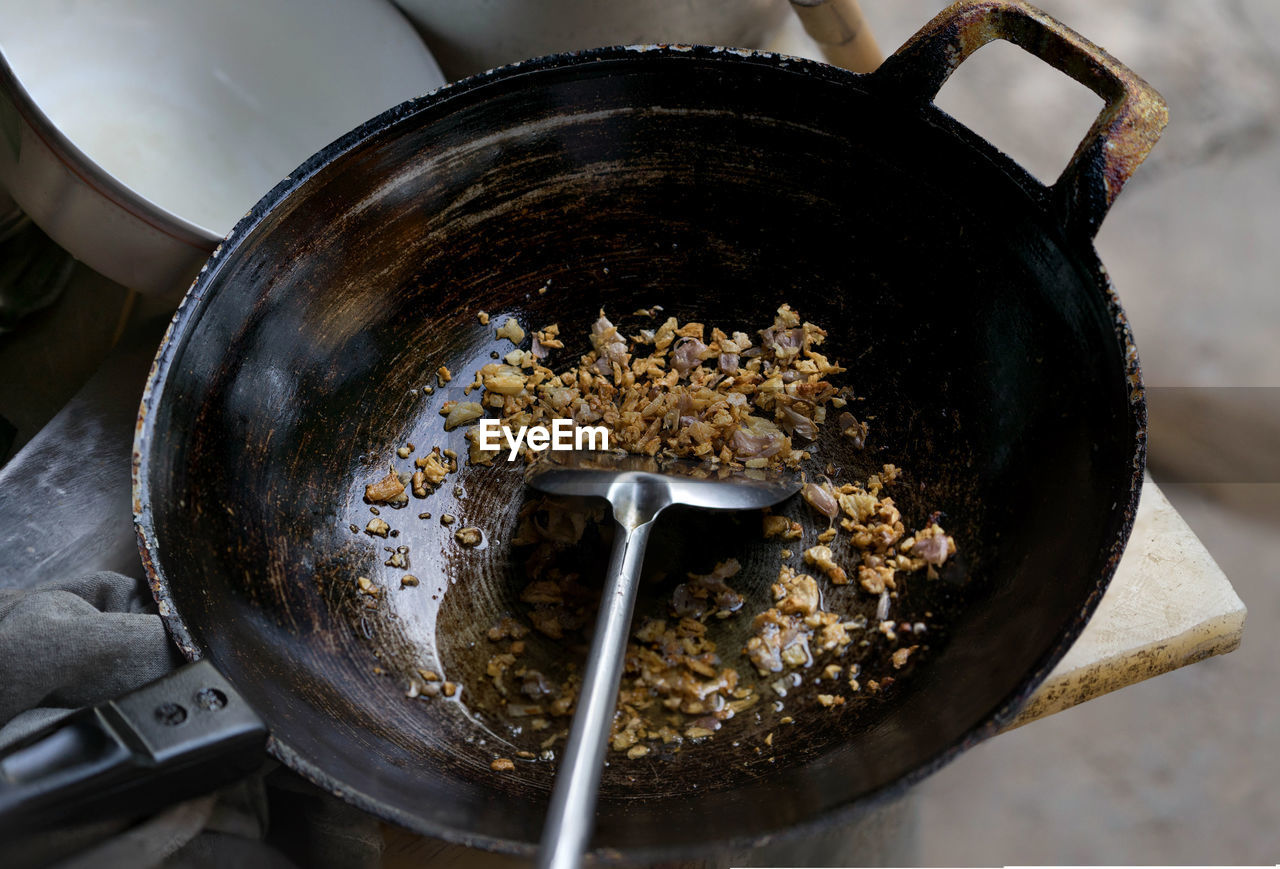 High angle view of food cook in pan