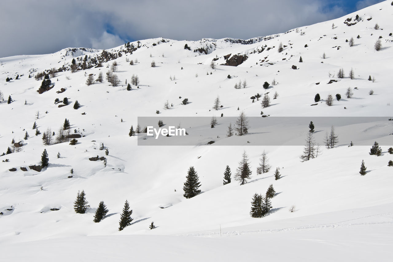 Scenic view of snow covered mountains against sky