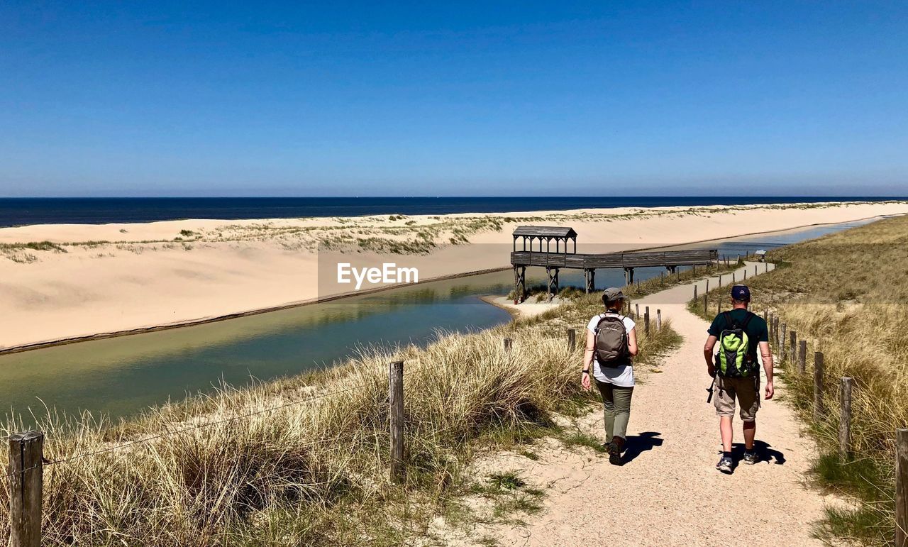 Rear view of people walking on beach against clear sky