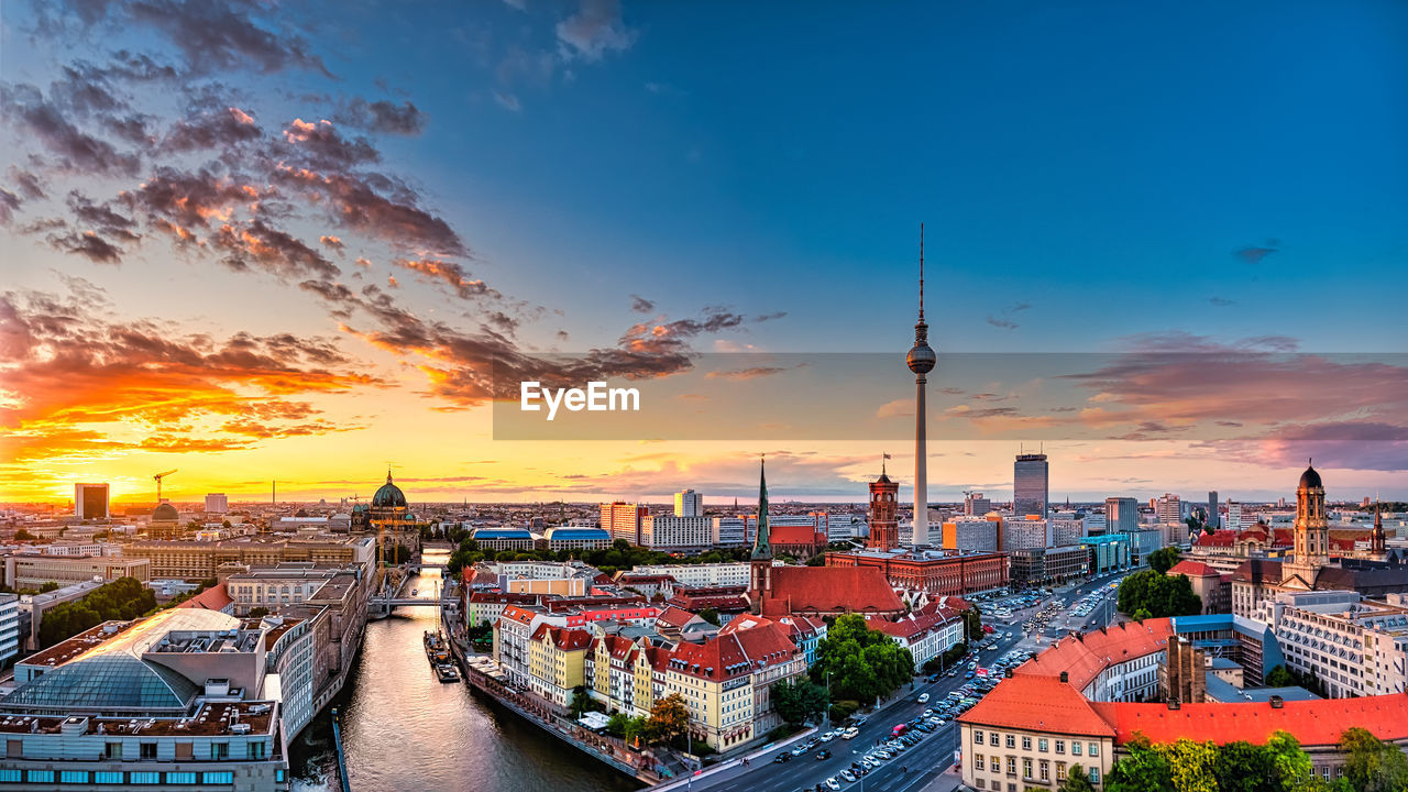 High angle view of cityscape during sunset