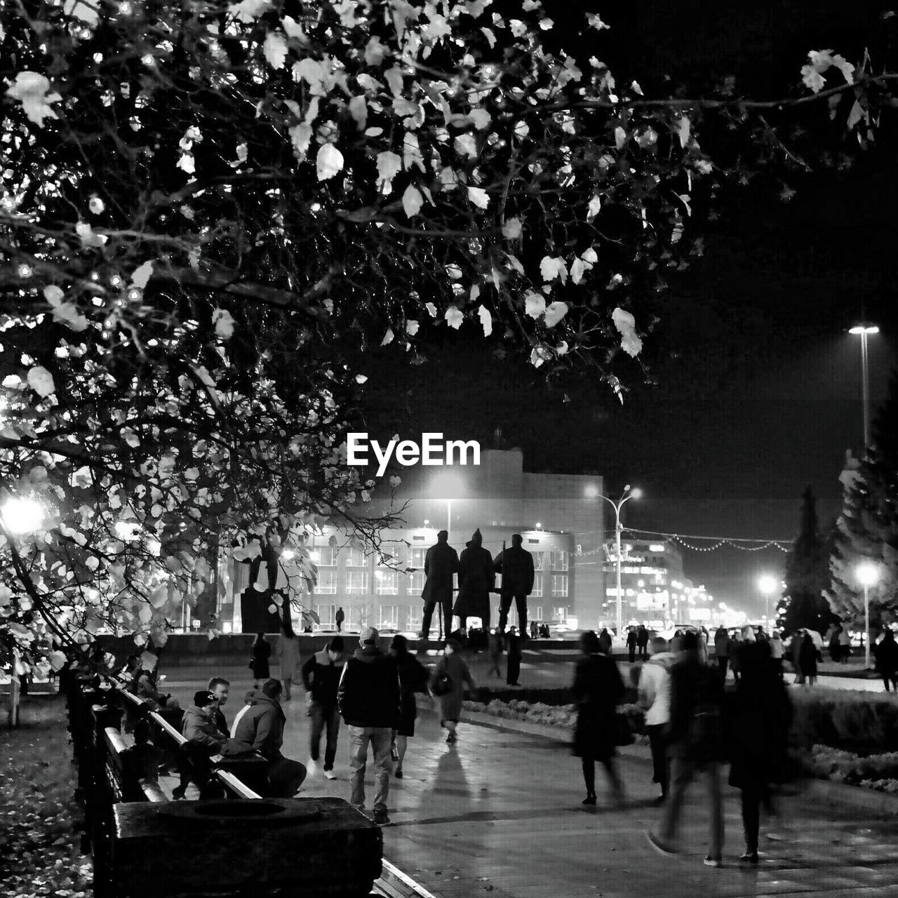 PEOPLE IN ILLUMINATED STADIUM AT NIGHT