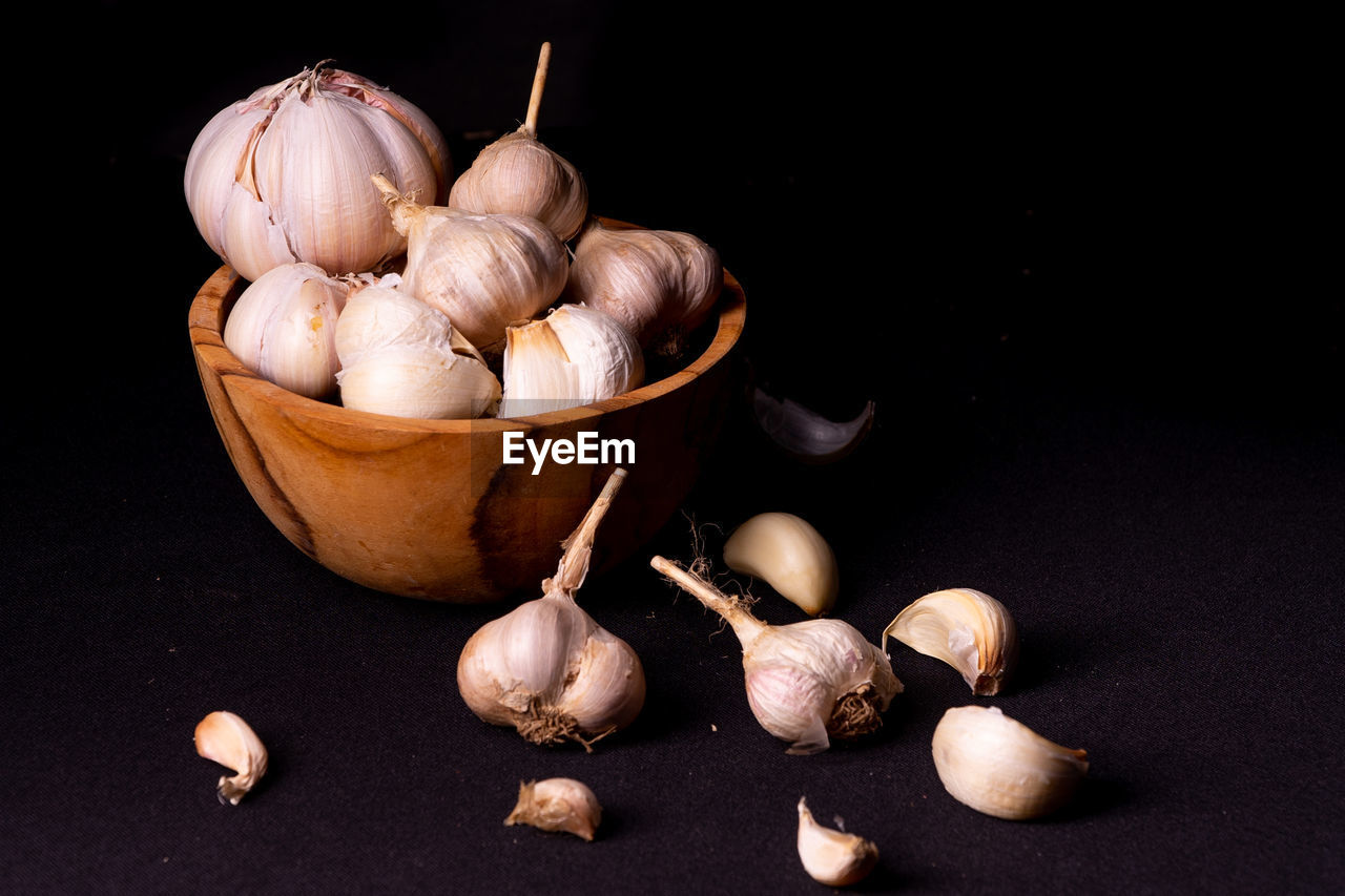 High angle view of garlic on table