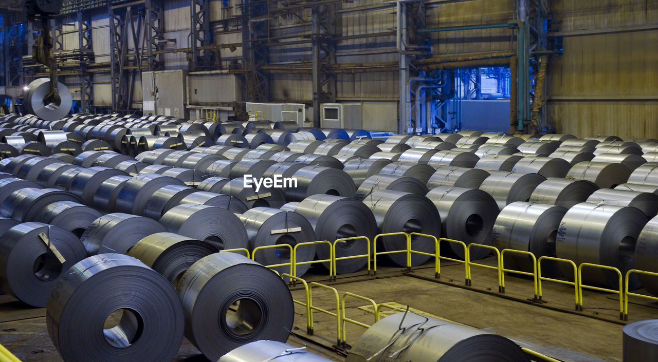 Rolls of steel sheet in factory