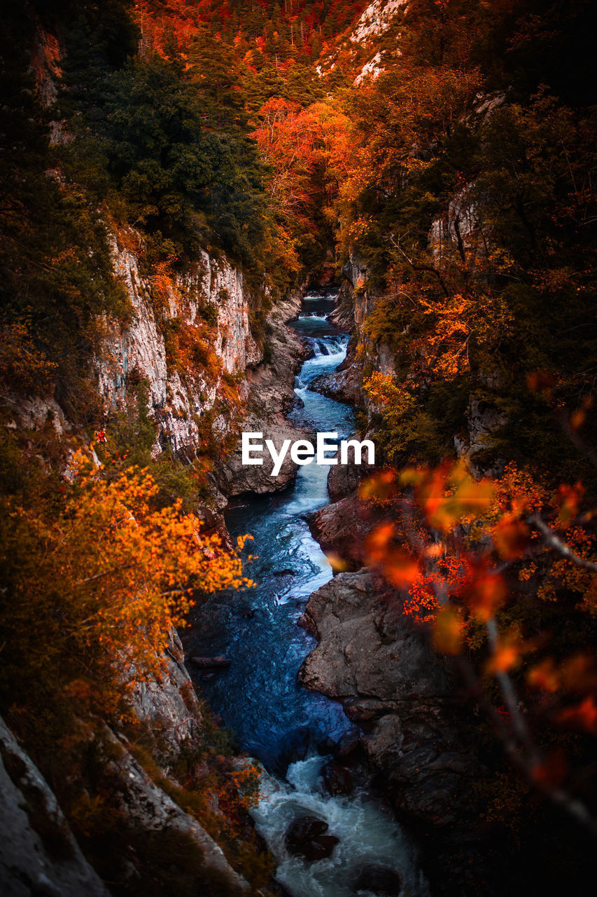 From above picturesque scenery of narrow river streaming through mountainous ravine with rocky slopes and colorful autumnal trees in pyrenees