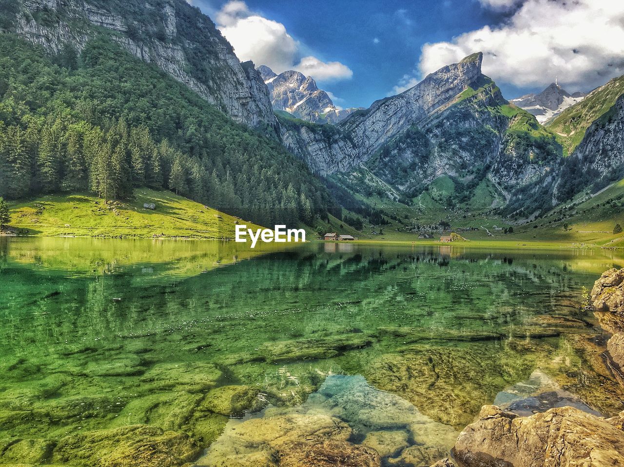 Scenic view of lake and mountains against sky