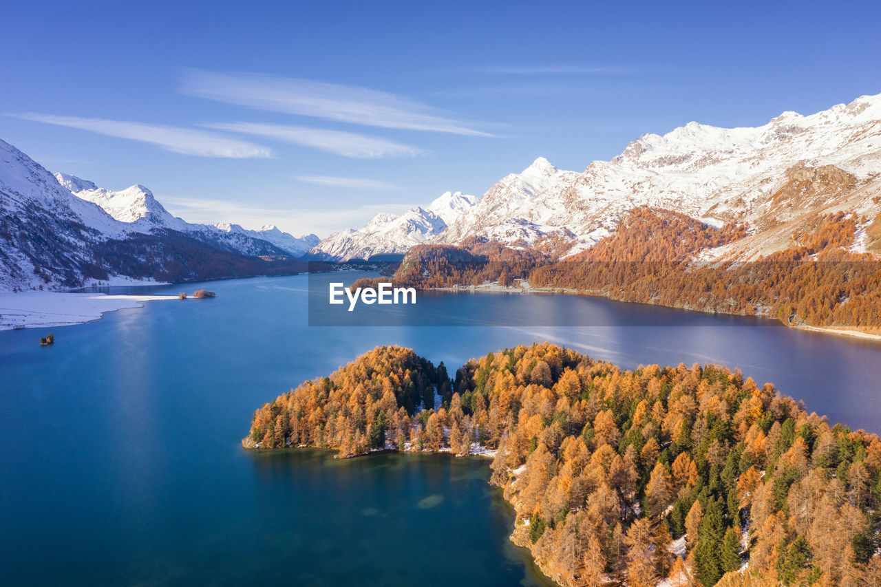 Scenic view of lake and snowcapped mountains against sky