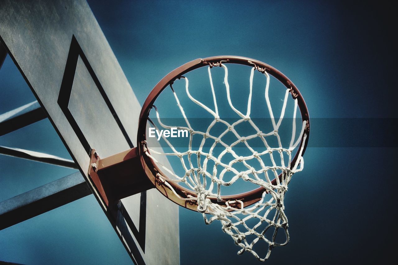 Low angle view of basketball hoop against clear sky